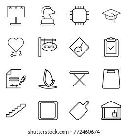Thin line icon set : billboard, chess horse, chip, graduate hat, cardio, store signboard, under construction, clipboard check, inventory, windsurfing, iron board, cutting, stairs, utility room