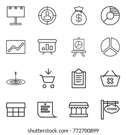 Thin line icon set : billboard, target audience, money bag, circle diagram, statistics, presentation, add to cart, clipboard, delete, market, shopping list, store signboard