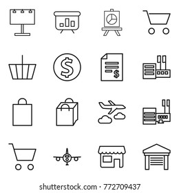 Thin line icon set : billboard, presentation, cart, basket, dollar coin, account balance, store, shopping bag, journey, mall, plane, shop, garage