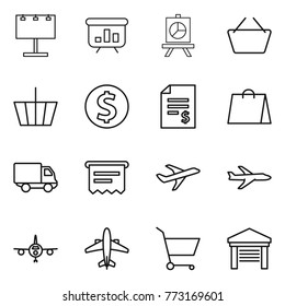 Thin line icon set : billboard, presentation, basket, dollar coin, account balance, shopping bag, delivery, atm receipt, plane, airplane, cart, garage