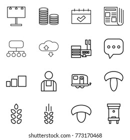 Thin line icon set : billboard, coin stack, calendar, newspaper, structure, cloude service, mall, sms, sorting, workman, trailer, mushroom, spikelets, hive