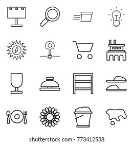Thin line icon set : billboard, magnifier, delivery, bulb, sun power, laser, cart, factory, fragile, service bell, rack, slippers, fork spoon plate, flower, foam bucket, spot