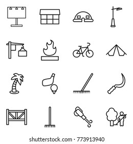 Thin line icon set : billboard, market, dome house, outdoor light, loading, flammable, bike, tent, palm, golf, rake, sickle, farm fence, blower, garden cleaning