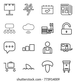Thin line icon set : billboard, 24 7, calendar, newspaper, structure, cloud wireless, mall, unlock, sms, sorting, workman, trailer, baggage trolley, shark flipper, mushroom, hive