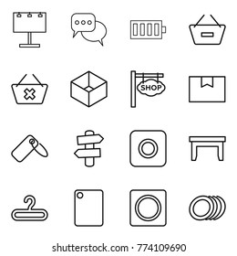 Thin line icon set : billboard, discussion, battery, remove from basket, delete cart, box, shop signboard, package, label, signpost, ring button, table, hanger, cutting board, plates