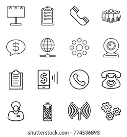 Thin line icon set : billboard, clipboard, phone, team, money message, globe connect, round around, web cam, mobile pay, support manager, remote control, wireless, gears