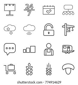 Thin line icon set : billboard, 24 7, calendar, structure, cloude service, cloud wireless, unlock, tower crane, sms, sorting, workman, trailer, baggage trolley, spikelets, mushroom