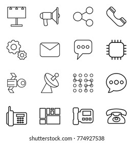 Thin line icon set : billboard, loudspeaker, share, phone, gear, mail, message, chip, satellite, antenna, balloon, consolidated cargo, intercome