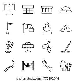 Thin line icon set : billboard, market, dome house, outdoor light, loading, flammable, tent, palm, restaurant, golf, rake, sickle, farm fence, blower, garden cleaning