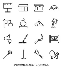 Thin line icon set : billboard, market, dome house, loading, flammable, tent, palm, golf, rake, sickle, farm fence, blower, garden cleaning