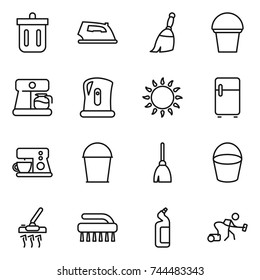 thin line icon set : bin, iron, broom, bucket, coffee maker, kettle, gas oven, fridge, vacuum cleaner, brush, toilet cleanser