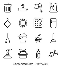 thin line icon set : bin, hanger, mixer, kettle, rag, gas oven, hob, fridge, broom, foam bucket, vacuum cleaner, plunger, washing powder, toilet cleanser