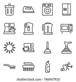 thin line icon set : bin, iron, washing machine, fridge, coffee maker, kettle, microwave oven, gas, plunger, brush, toilet cleanser, vacuum cleaner