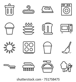 thin line icon set : bin, hanger, iron, washing machine, bucket, plate, kettle, microwave oven, gas, hob, broom, brush, powder, garden cleaning