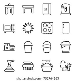 thin line icon set : bin, table, fridge, kettle, microwave oven, gas, hob, food processor, bucket, foam, plunger, brush, washing powder, garden cleaning