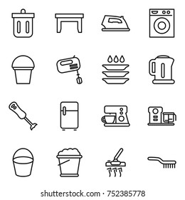 thin line icon set : bin, table, iron, washing machine, bucket, mixer, plate, kettle, blender, fridge, coffee maker, food processor, foam, vacuum cleaner, brush