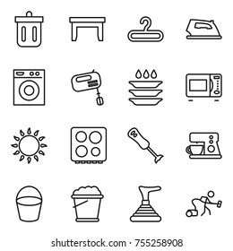 thin line icon set : bin, table, hanger, iron, washing machine, mixer, plate, microwave oven, gas, hob, blender, coffee maker, bucket, foam, plunger, vacuum cleaner