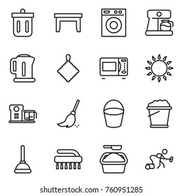 Thin line icon set : bin, table, washing machine, coffee maker, kettle, rag, microwave oven, gas, food processor, broom, bucket, foam, plunger, brush, powder, vacuum cleaner