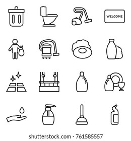 Thin line icon set : bin, toilet, vacuum cleaner, welcome mat, trash, soap, shampoo, clean floor, skysrcapers cleaning, cleanser, dish, hand and drop, liquid, plunger