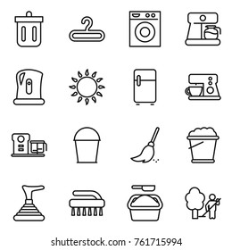 Thin line icon set : bin, hanger, washing machine, coffee maker, kettle, gas oven, fridge, food processor, bucket, broom, foam, plunger, brush, powder, garden cleaning