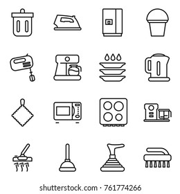 Thin line icon set : bin, iron, fridge, bucket, mixer, coffee maker, plate washing, kettle, rag, microwave oven, hob, food processor, vacuum cleaner, plunger, brush