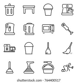 Thin line icon set : bin, table, bucket, coffee maker, kettle, microwave oven, blender, food processor, broom, plunger, washing powder, vacuum cleaner