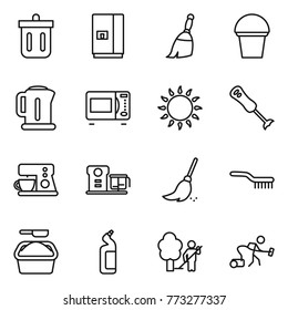 Thin line icon set : bin, fridge, broom, bucket, kettle, microwave oven, gas, blender, coffee maker, food processor, brush, washing powder, toilet cleanser, garden cleaning, vacuum cleaner