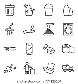 Thin line icon set : bin, cleanser, bucket, shampoo, vacuum cleaner, hand and drop, plunger, washing machine, drying clothe, powder, wiping, toilet paper, garbage, floor, home call cleaning
