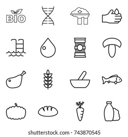 thin line icon set : bio, dna, factory filter, acid, pool, drop, pasta, mushroom, chicken leg, spikelets, mortar, fish, pumpkin, bread, carrot, shampoo