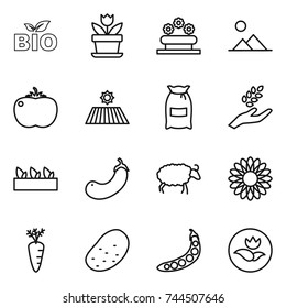 thin line icon set : bio, flower, bed, landscape, tomato, field, flour, harvest, seedling, eggplant, sheep, carrot, potato, peas, ecology