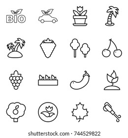 thin line icon set : bio, eco car, flower, palm, island, berry, trees, cherry, grape, seedling, eggplant, sprouting, garden, ecology, maple leaf, blower