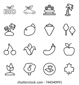 thin line icon set : bio, eco car, flower bed, palm, island, lemon, berry, trees, cherry, corn, eggplant, apple, sprouting, garden, ecology, maple leaf