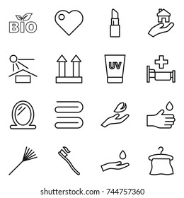 thin line icon set : bio, heart, lipstick, real estate, sun potection, cargo top sign, uv cream, hospital, mirror, towel, hand leaf, drop, rake, tooth brush, and, hanger