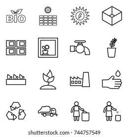 thin line icon set : bio, sun power, box, panel house, flower in window, water tap, seedling, sprouting, factory, hand drop, recycling, trash truck, garbage bin