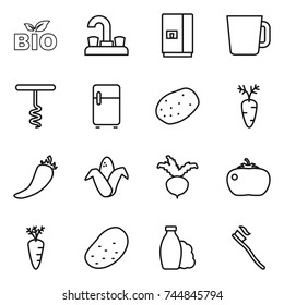 thin line icon set : bio, water tap, fridge, cup, corkscrew, potato, carrot, hot pepper, corn, beet, tomato, shampoo, tooth brush