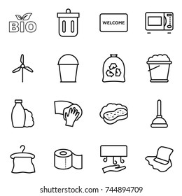 thin line icon set : bio, bin, welcome mat, microwave oven, windmill, bucket, garbage bag, foam, shampoo, wiping, sponge with, plunger, hanger, toilet paper, hand dryer, floor washing