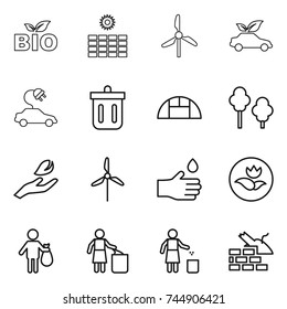 thin line icon set : bio, sun power, windmill, eco car, electric, bin, greenhouse, trees, hand leaf, drop, ecology, trash, garbage, construct