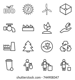thin line icon set : bio, sun power, windmill, box, water tap, seedling, sprouting, hand leaf, factory, spruce, ecology, recycling, trash bin, garbage thin line icon set : bio, sun power, windmill, box, water tap, seedling, sprouting, hand leaf, factory, spruce, ecology, recycling, trash bin, garbage