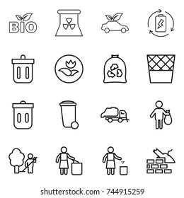 thin line icon set : bio, nuclear power, eco car, battery charge, bin, ecology, garbage bag, trash, truck, garden cleaning, construct