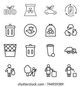 thin line icon set : bio, nuclear power, eco car, battery charge, bin, ecology, garbage bag, recycling, trash, truck, garden cleaning