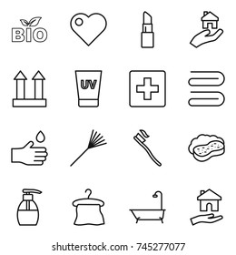 thin line icon set : bio, heart, lipstick, real estate, cargo top sign, uv cream, first aid, towel, hand drop, rake, tooth brush, sponge with foam, liquid soap, hanger, bath, housing