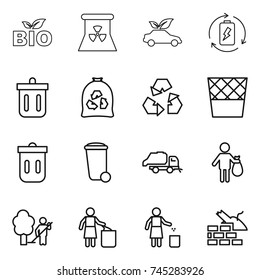 thin line icon set : bio, nuclear power, eco car, battery charge, bin, garbage bag, recycling, trash, truck, garden cleaning, construct