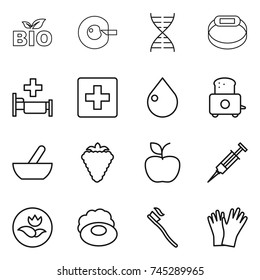 thin line icon set : bio, cell corection, dna, smart bracelet, hospital, first aid, drop, toaster, mortar, berry, apple, syringe, ecology, soap, tooth brush, gloves