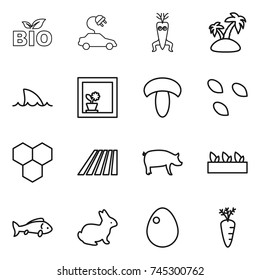 thin line icon set : bio, electric car, dna modify, island, shark flipper, flower in window, mushroom, seeds, honeycombs, field, pig, seedling, fish, rabbit, egg, carrot