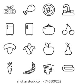 thin line icon set : bio, chicken leg, cooler fan, water tap, fridge, tomato, cherry, mushroom, corn, apple, pear, carrot, peas, wiping, towel