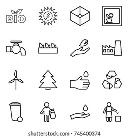 thin line icon set : bio, sun power, box, flower in window, water tap, seedling, hand leaf, factory, windmill, spruce, drop, recycling, trash bin, and, garbage