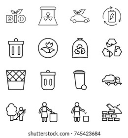thin line icon set : bio, nuclear power, eco car, battery charge, bin, ecology, garbage bag, recycling, trash, truck, garden cleaning, construct