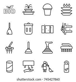 thin line icon set : bio, fountain, bucket, plate washing, broom, trash bin, clean window, skyscrapers cleaning, vacuum cleaner, plunger, brush, cleanser powder, hand dryer, brooming, please