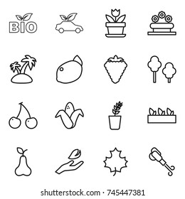 thin line icon set : bio, eco car, flower, bed, island, lemon, berry, trees, cherry, corn, seedling, pear, hand leaf, maple, blower