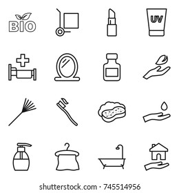 thin line icon set : bio, cargo stoller, lipstick, uv cream, hospital, mirror, pills bottle, hand leaf, rake, tooth brush, sponge with foam, and drop, liquid soap, hanger, bath, housing